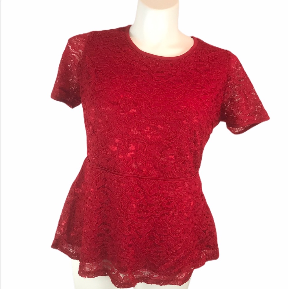 Jessica London Sz 12 Red Lace Peplum Blouse S/S